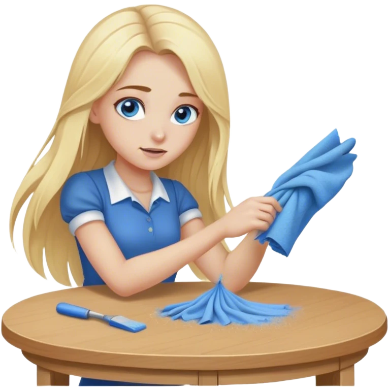 Cinematic realistic blonde with long hair, blue eyes wipes dust off the table emoji
