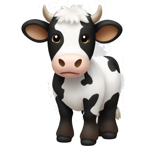 A stuffed animal cow that is fluffy black white and brown  emoji