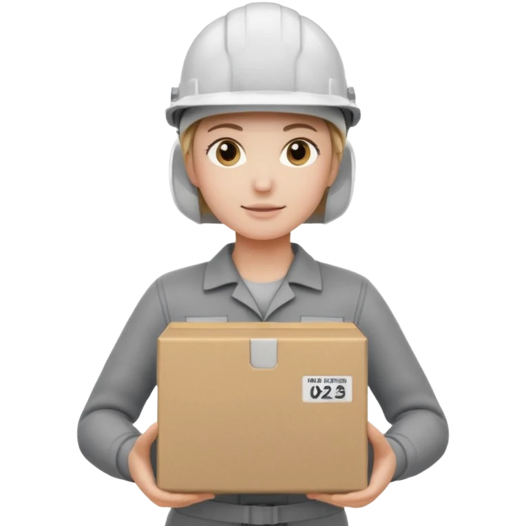 Tengo que dar una capacitacion de orgonomia, necesito un emoji de un operario con casco blanco y buzo gris de manga larga que levante una caja cerrada con las dos manos a la altura de los hombros y que tenga cara de esfuerzo fisico. Que no este saludando, las dos manos sosteniendo la caja emoji