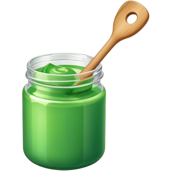 A small open plastic jar of vibrant green wax, wooden spatula inside emoji
