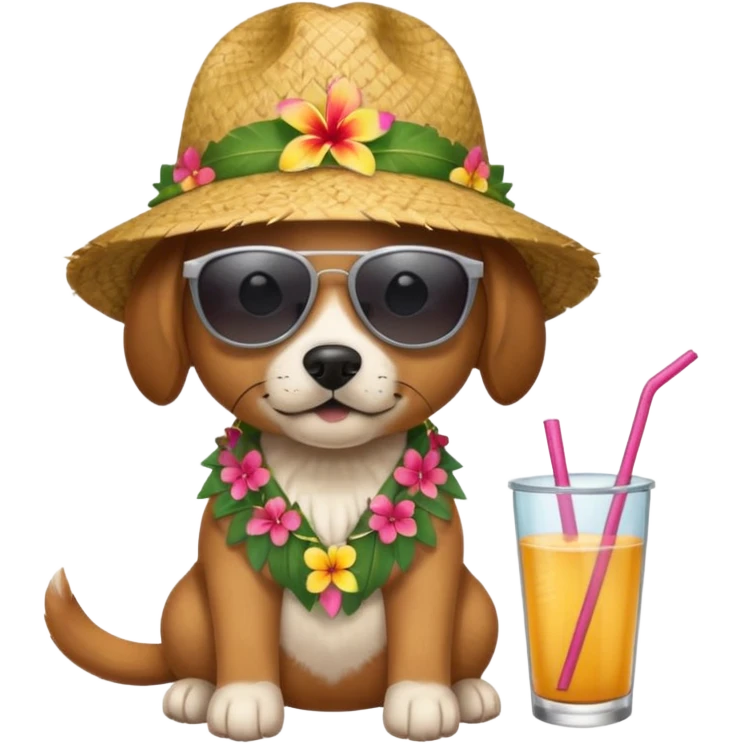 dog with sunglasses and straw hat, hawaii shirt emoji