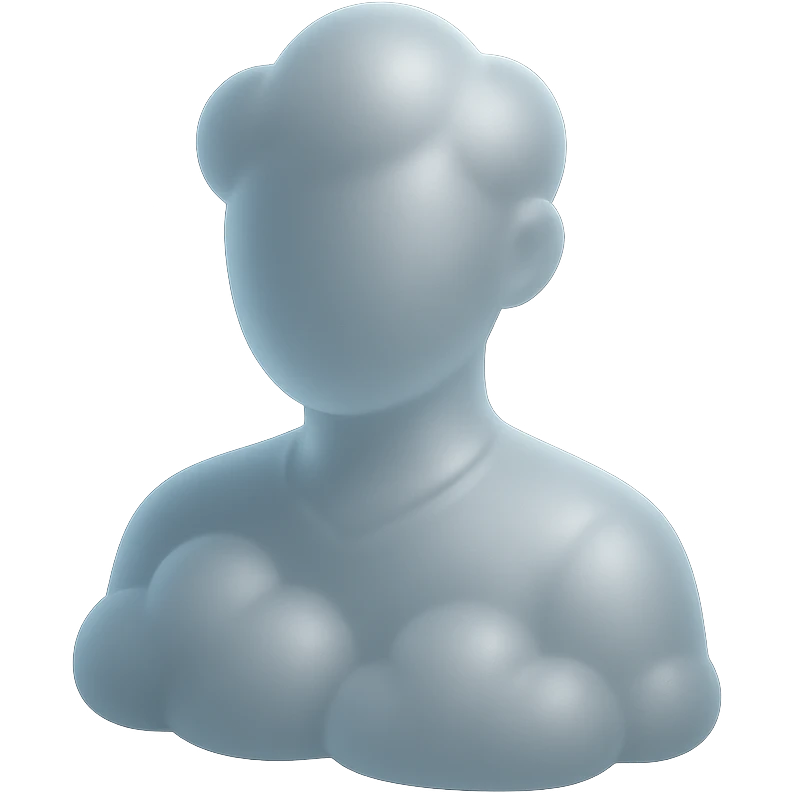 shoulder-up person fully made of white fluffy convex clouds, matte glass style emoji