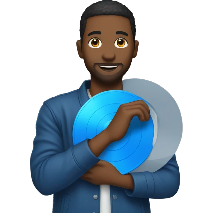 A man holding a blue vinyl record emoji