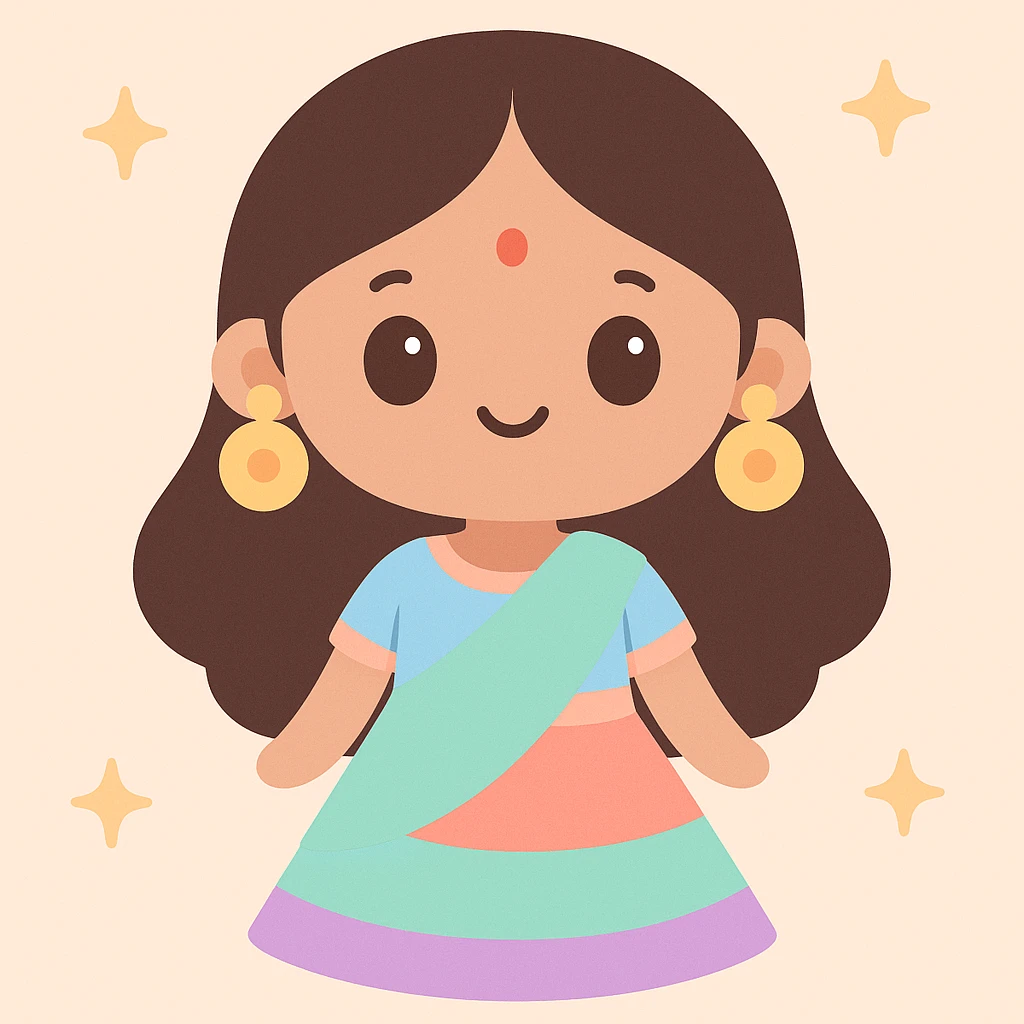 Indian girl with a bindi on her face, wearing a vibrant and festive lehenga, large earrings, colorful and joyful style emoji