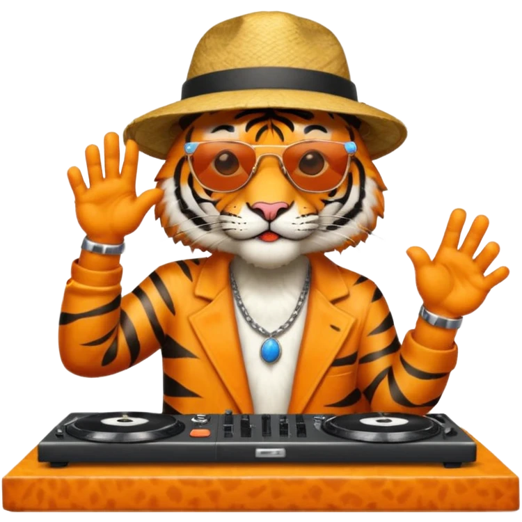 Un tigre con sombrero estilo cubano, una mesa de dj y gafas de sol. Una mano en la mesa de dj y la otra mano señalando al cielo a Dios emoji