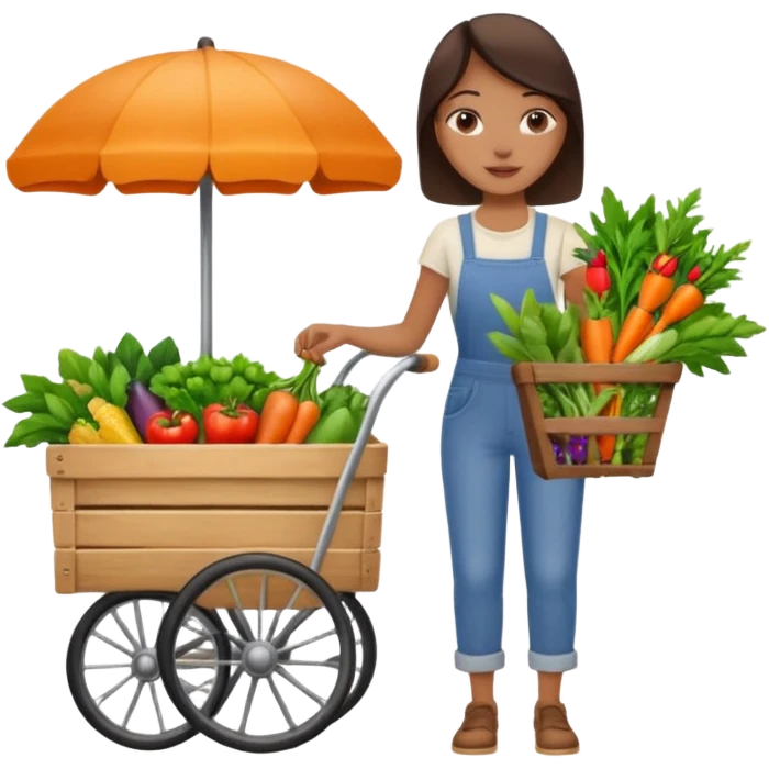 Shopper with flower bouquet,Farmers’ Market, background veggies cart. emoji
