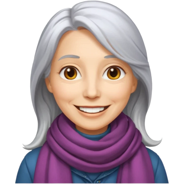 woman in her 50s, long silver hair, wearing a scarf, warm smile, emoji style emoji
