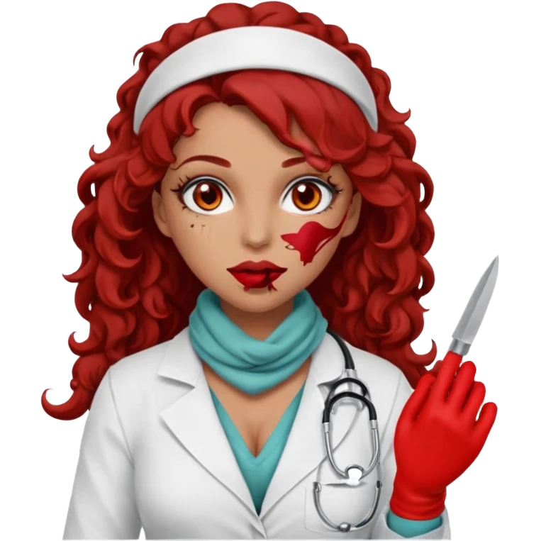 Lilith scalpel in hand, evil surgeon sexy surgeon clothes.  She has red eyes.  Hair is long. Hair is brown and curly hair. Wears sexy doctor outfit with red gloves. Sexy surgeon working for Cartel uses scarf to Cover mouth and emoji