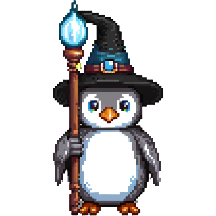 penguin wizard with a pointy hat and magic staff emoji