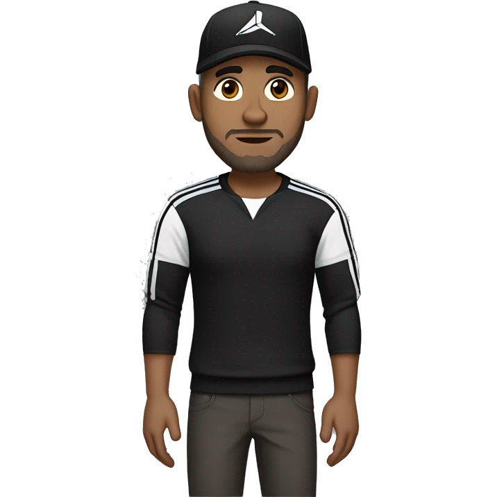 An adult pale male with stubble and a slightly gray beard, brown hair, black eyes, wearing a black Reebok cap with a round emblem on his head, and a black sweater with three white stripes on the sleeves underneath. emoji