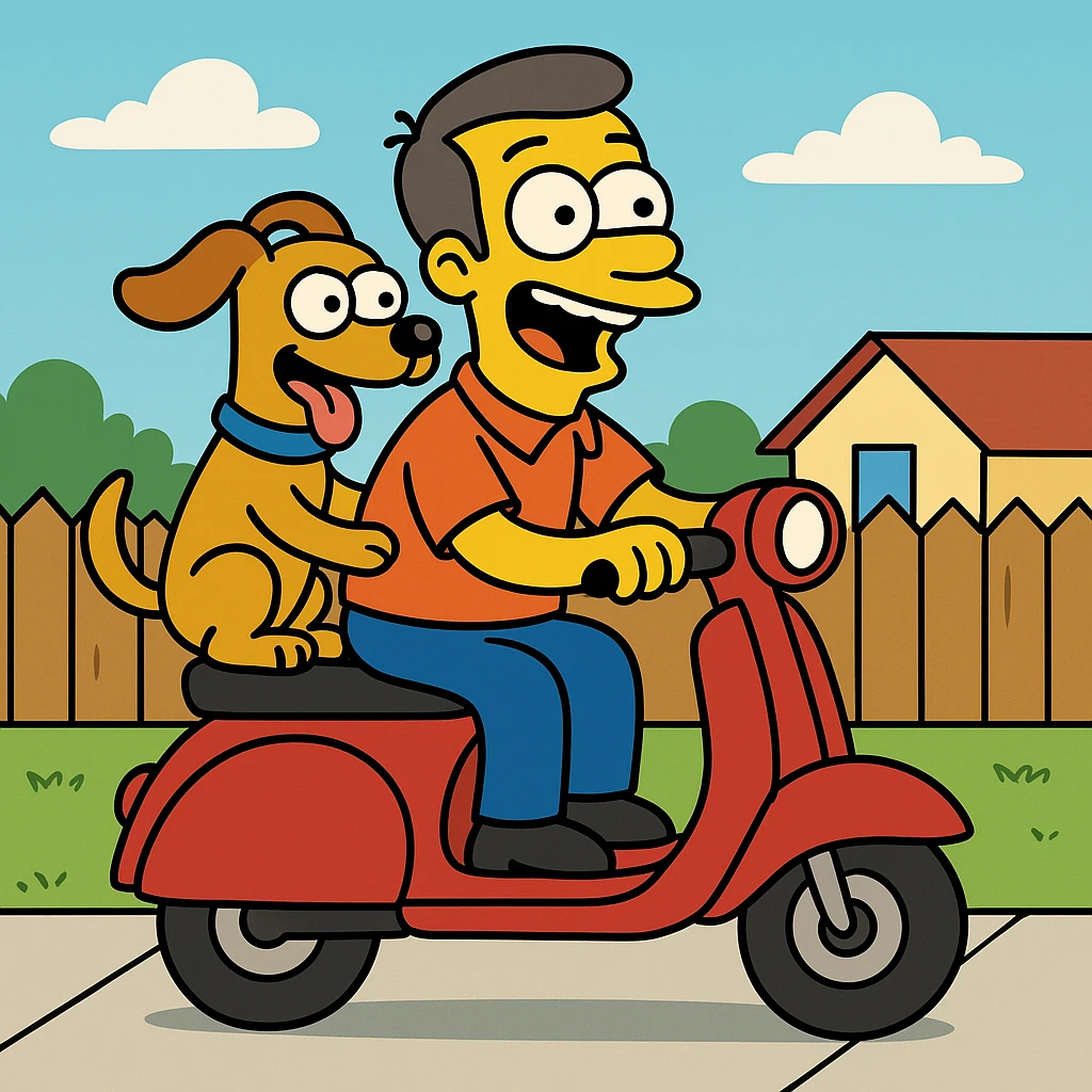 man and his pet dog riding a vespa emoji