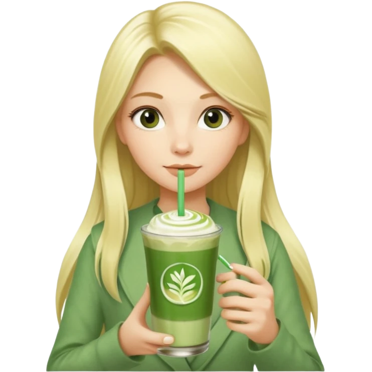 blonde luxury long hair girl with 1 drink of matcha latte and two straws emoji