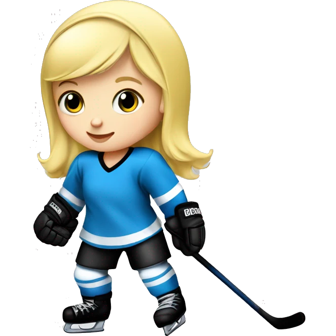 Baby girl with blond hair and blue eye, she has a helmet on her head she is playing ice hockey in black and white and yellow dress  emoji