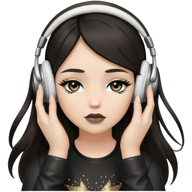 Girl with long dark hair, fair skin tone, wearing a black leather top, has glitter on her eyelids, and taupe lipstick, wearing white headphones, her hands are on her ears, and her eyes are looking down emoji
