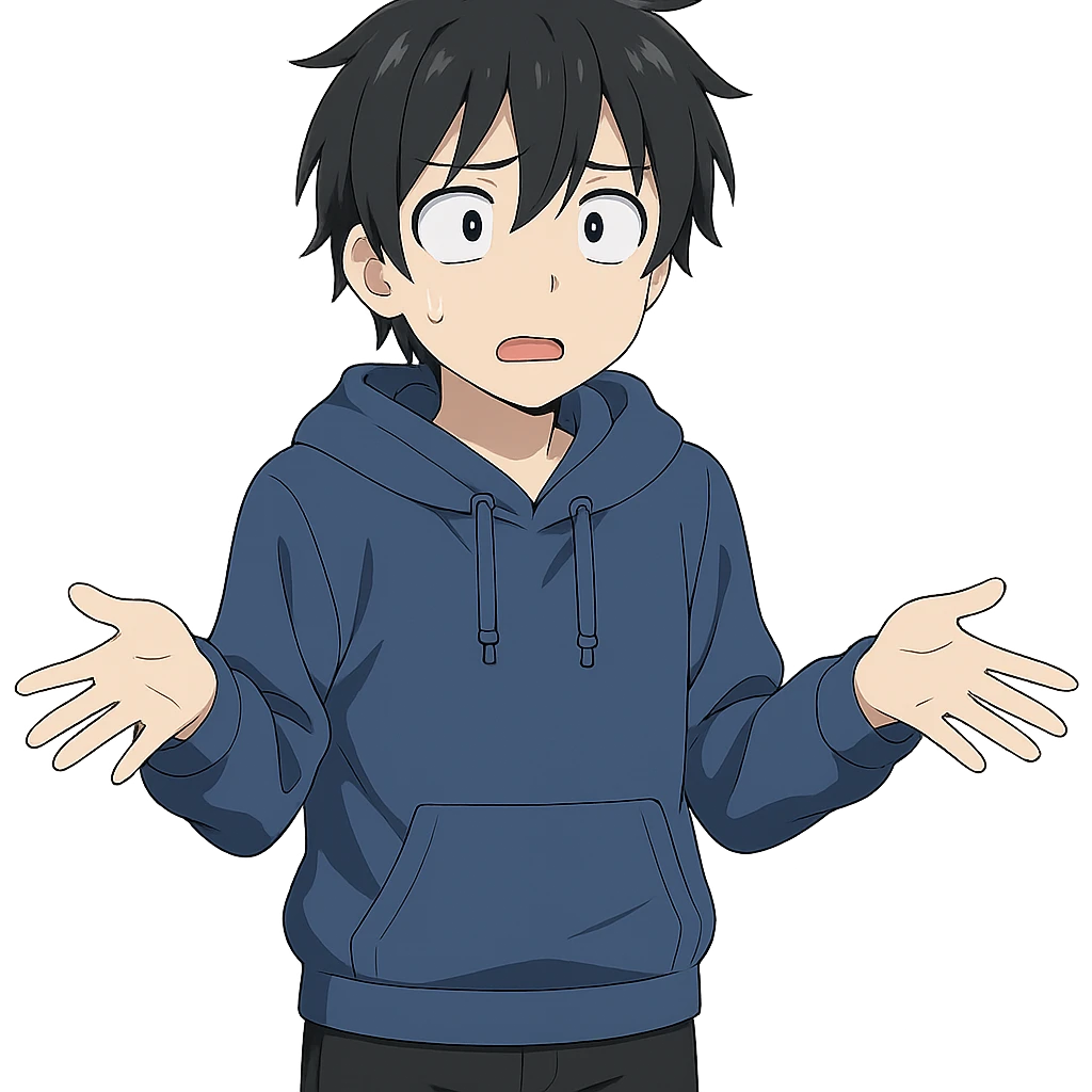 anime character with black hair, blue hoodie, black pants, confused expression emoji