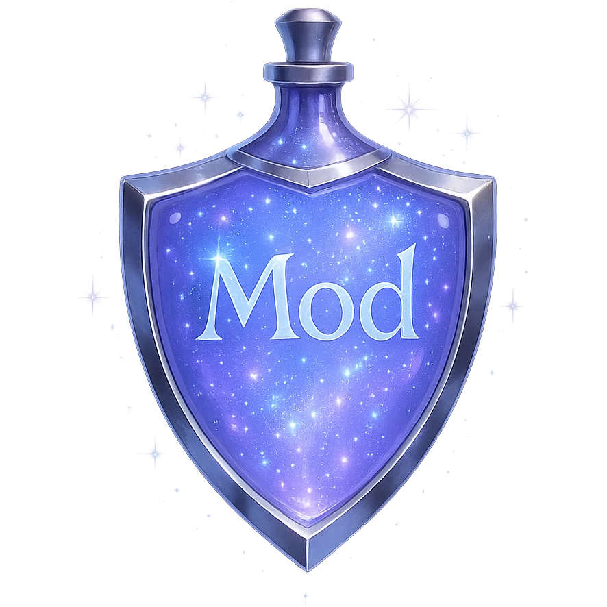shield-shaped luxurious elixir bottle, color #7986cb, iridescent and silver details, intense magical glowing and sparkling effects, very small neck, seamless bottom, transparent background, floating, no base or shadow, modern, matching a collection, the word 'Mod' on the bottle emoji