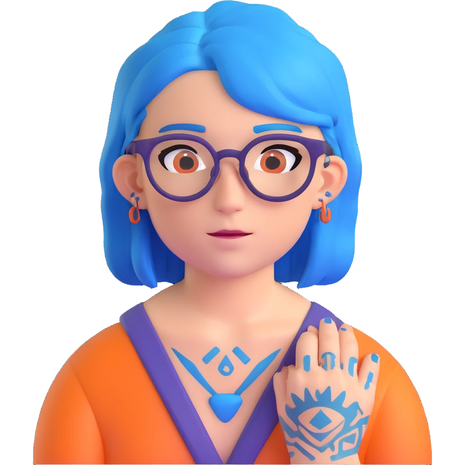 character with blue hair, glasses, and visible tattoos emoji