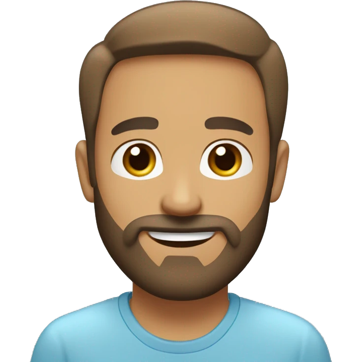Face Shape: Oval with a slightly prominent forehead.
Skin Tone: Light.
Eyes: Light blue, wide and expressive.
Eyebrows: Light brown.
Mouth: Smiling with visible teeth.
Hair: Light brown
Full beard and mustache, light brown with some grey emoji