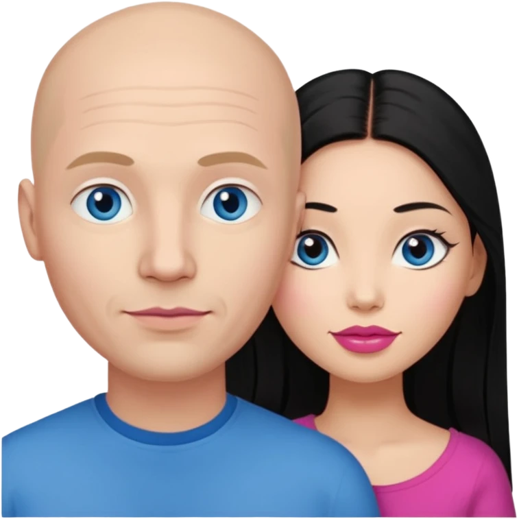 Bald white man blue eyes in love with Filipina woman with long hair and dark brown eyes and pink lips emoji