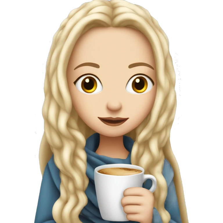 A pretty white girl with very long blond hair in a blanket sipping coffee emoji