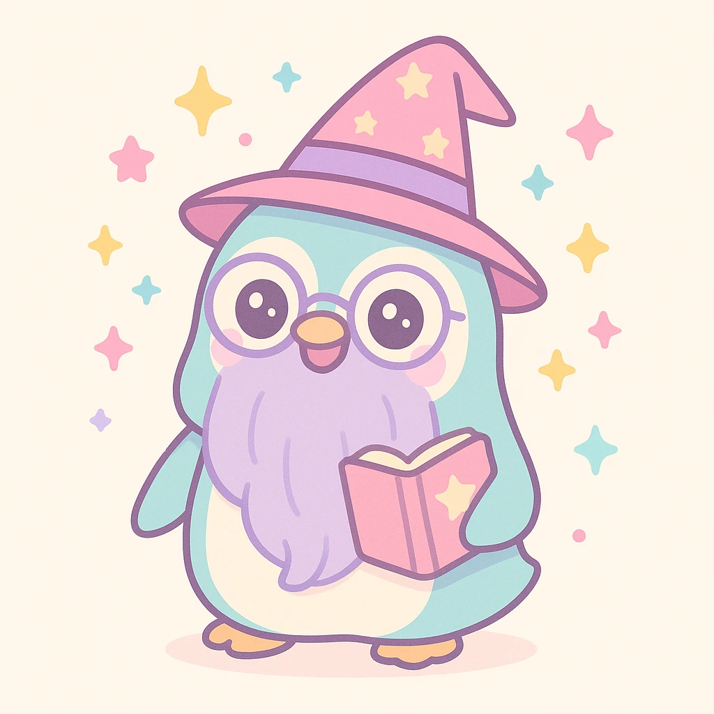 a cartoon penguin wizard with glasses, a long beard, and a spellbook, surrounded by magical effects emoji