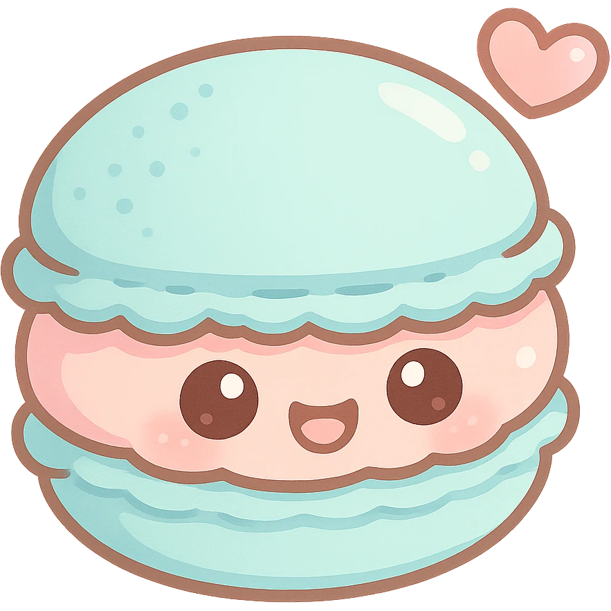 chibi sticker-style macaron with a heart accent, pastel colors, girly, cute and exaggerated emoji
