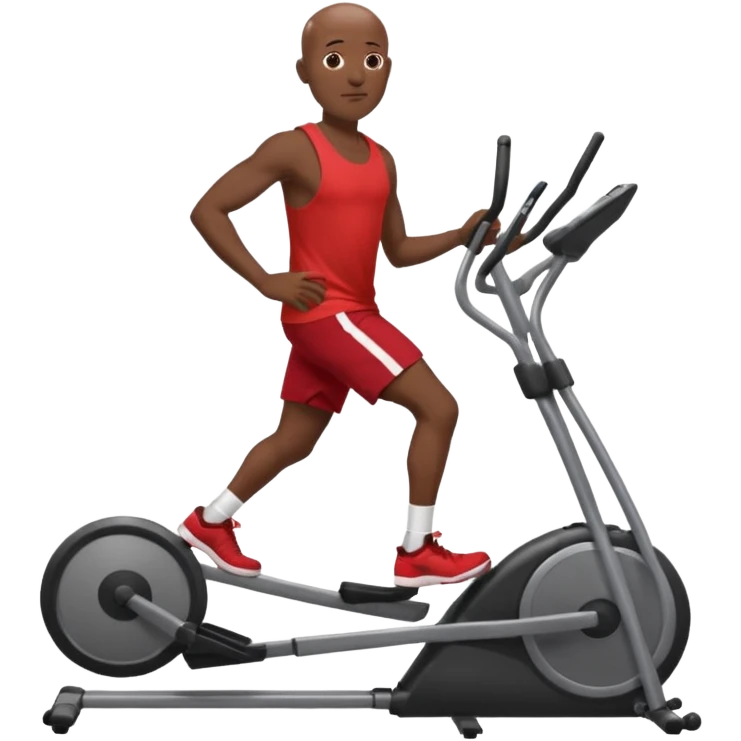 dark skin bald African American man on elliptical machine with red tank shirt and black shorts emoji