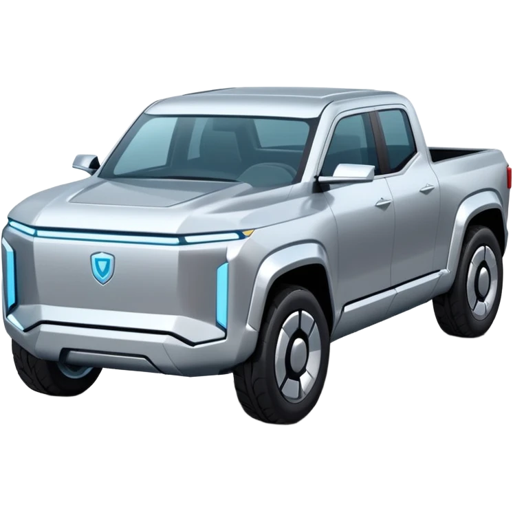 A futuristic electric pickup truck emoji, silver chrome body, angular cyber design, smooth metallic panels, subtle reflections, minimalistic proportions, iOS emoji style, centered composition, clean white background, soft lighting emoji