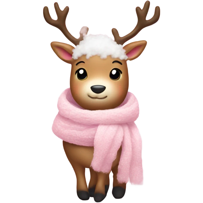 Baby pink reindeer wearing white fluffy boots and a pink scarf emoji