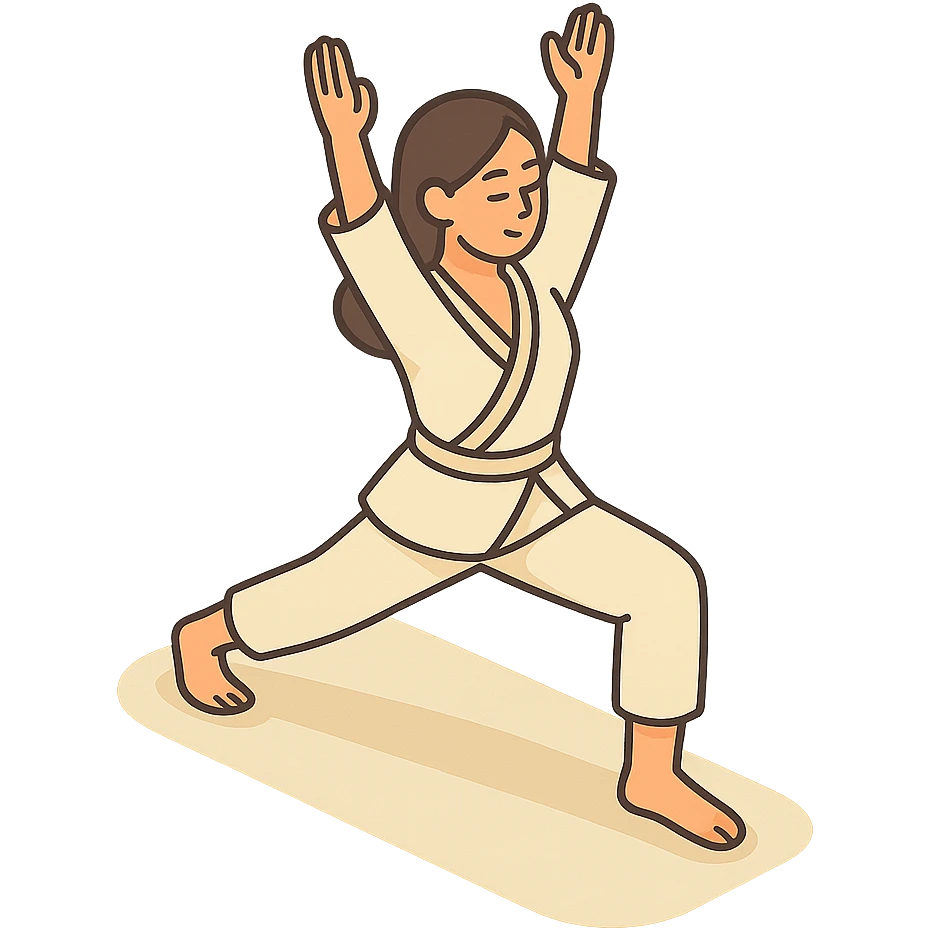 Edit the reference image of the girl to depict her in the warrior yoga pose, preserving her appearance and clothing, in a 2D isometric style with a white background, 512x512px. emoji