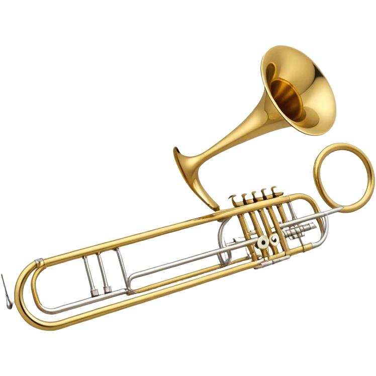 Create an elegant and detailed emoji representing the Bach Bb/F tenor trombone. The design should feature the smooth, shiny brass body of the trombone, showcasing its large, flared bell and curved tubing. Highlight the tuning slide with its polished metal finish, and the mouthpiece should be clearly visible. The trombone’s surface should have a gleaming brass tone with subtle silver accents around the mouthpiece and slide. Add a few musical notes or soundwaves emanating from the bell to emphasize the powerful sound of the trombone. Use golden and brass tones with reflective light effects to enhance the trombone’s professional and high-quality appearance. The background should be transparent. emoji