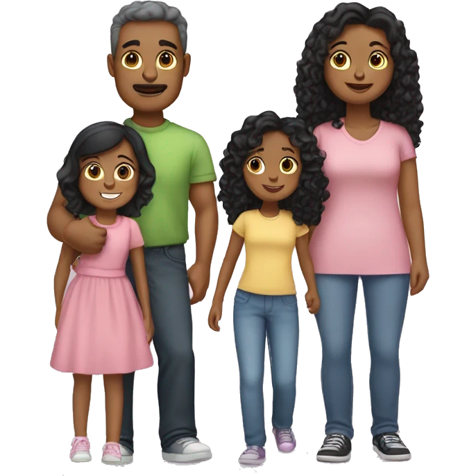 Family: one dad with dark hair , one mom with dark hair, sister with light brown curly hair, sister with black curly hair, sister with black straight hair, sister with light straight hair  emoji