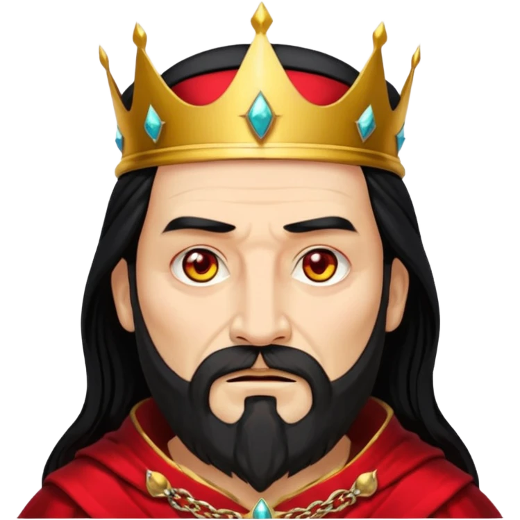 


an old king with yellow skin, red eyes, 60 years old, black hair, black beard, wearing a crown, red robe, fierce face, baron/lord vibe, longer hair cover the face, add scar
 emoji