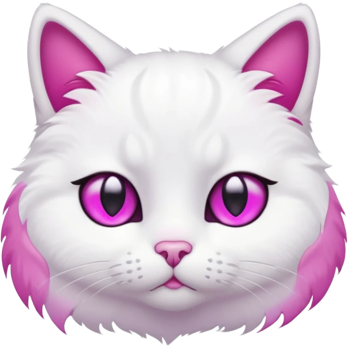 White cat, sad face, tear drop below one eye, magenta eyes, black background, cute cartoon style emoji