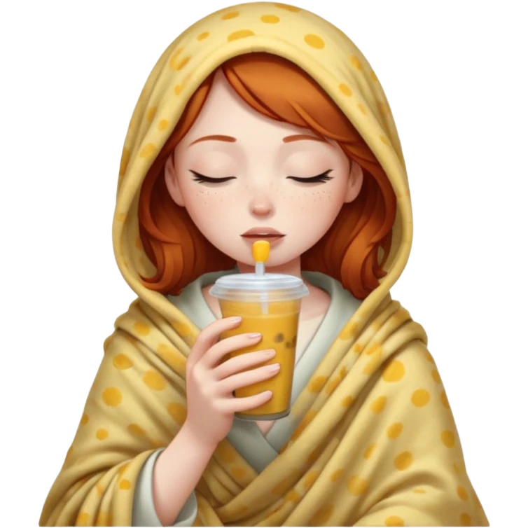 dark ginger haired girl with pale skin, wrapped in a blanket, sipping boba, eyes closed emoji