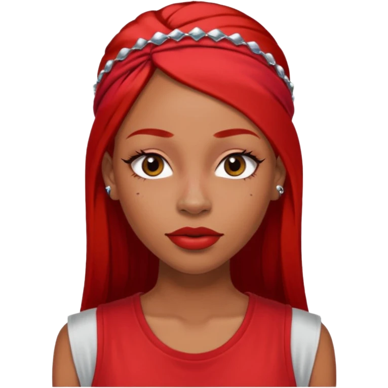 light-skinned black girl with very long eyelashes with long strait dark brown hair with edges wearing a red top with no sleeves. and a red accessory on her head with nose and mouth piercings and is a baddie and looks like a bad girl. emoji