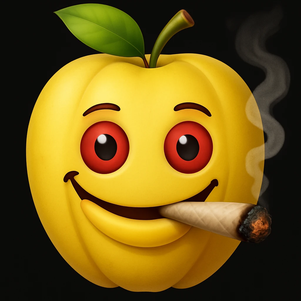 Add a cartoon joint with smoke to the smiley face made of apples as eyes and a banana as the mouth. Make it look like the face is smoking weed, keep the emoji style. emoji