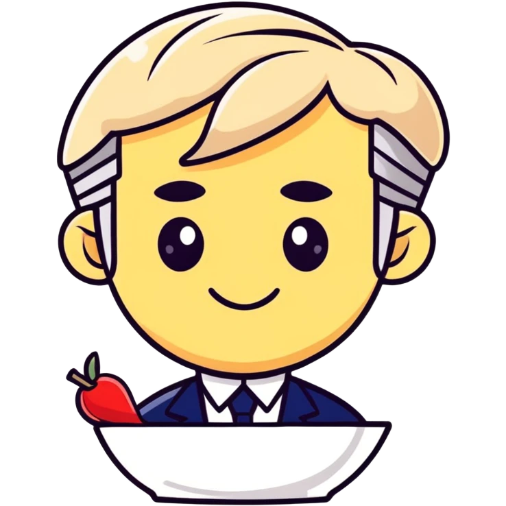 playful sticker emoji of a flan dessert with facial features and hairstyle of François Fillon, cute humorous cartoon style emoji