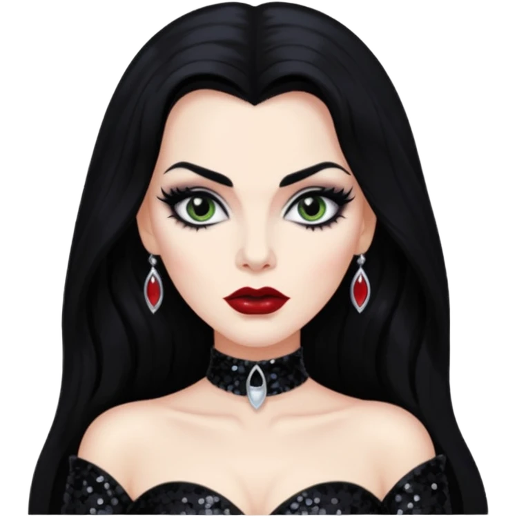 Vampira with long black hair, black sequin outfit emoji
