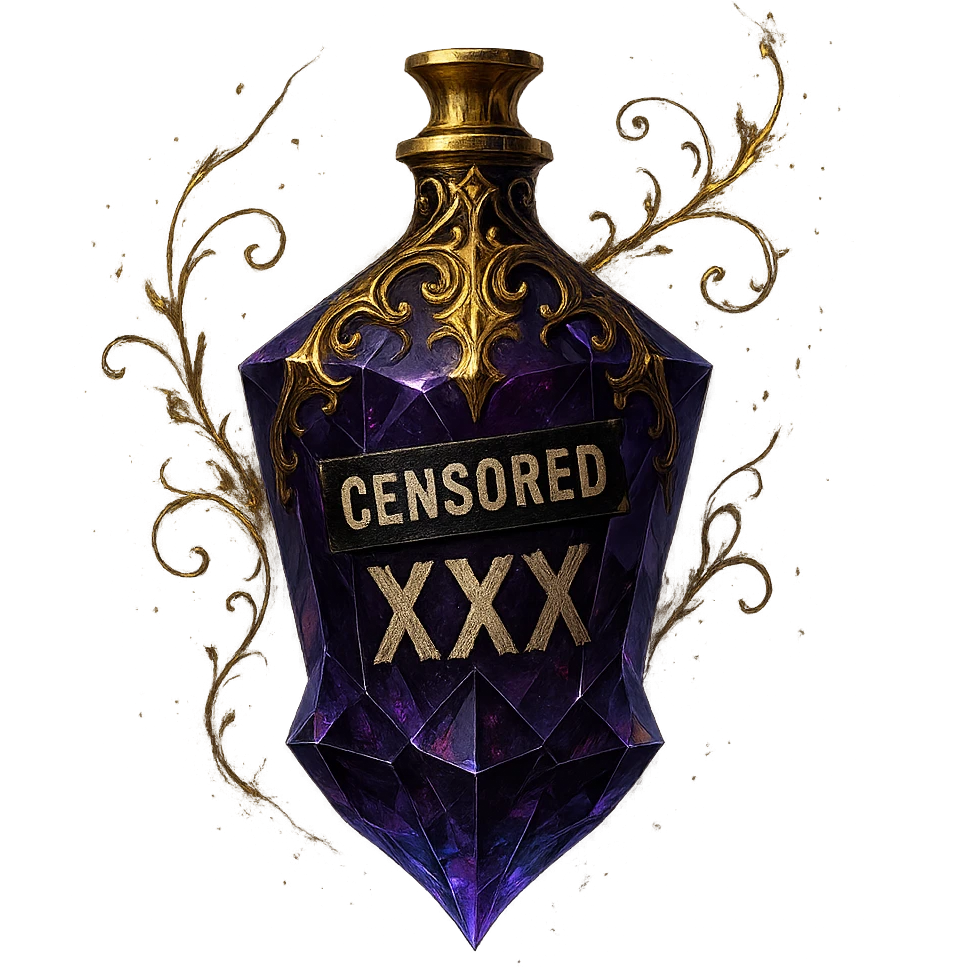 premium crystal elixir bottle with edgy forbidden elixir vibe, bottle has censored words or labels like 'XXX' and 'CENSORED', dark colors, lots of glowing, edges, ornaments, golden details, magical effects, very small golden neck, transparent background, beautiful seamless bottom, bottle clearly floating in air, no base or shadow, very luxurious, edgy, fitting a collection emoji
