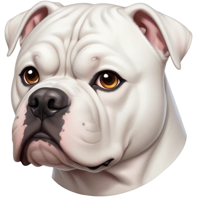Cinematic Noble White American Bulldog Portrait Emoji, Poised and regal, with a powerful, muscular build and a sleek, well-groomed pure white coat, deep-set soulful brown eyes, Simplified yet sharp and sophisticated features, highly detailed, glowing with a soft, dignified glow, high shine, intelligent and loyal, stylized with an air of strength, focused and attentive, soft glowing outline, capturing the essence of a watchful and confident guardian, so majestic it feels as though it could step out of the screen with effortless authority! emoji