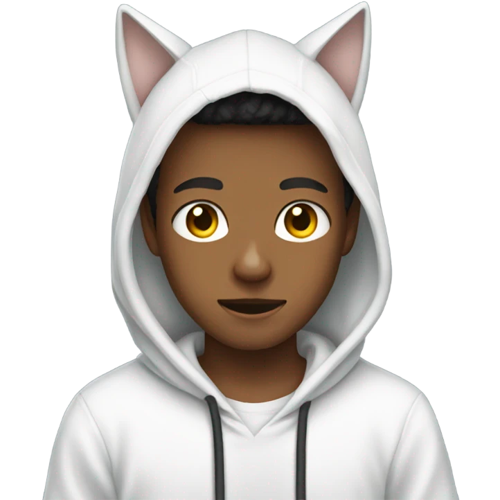 boy in white hoodie holding phone cat ears emoji