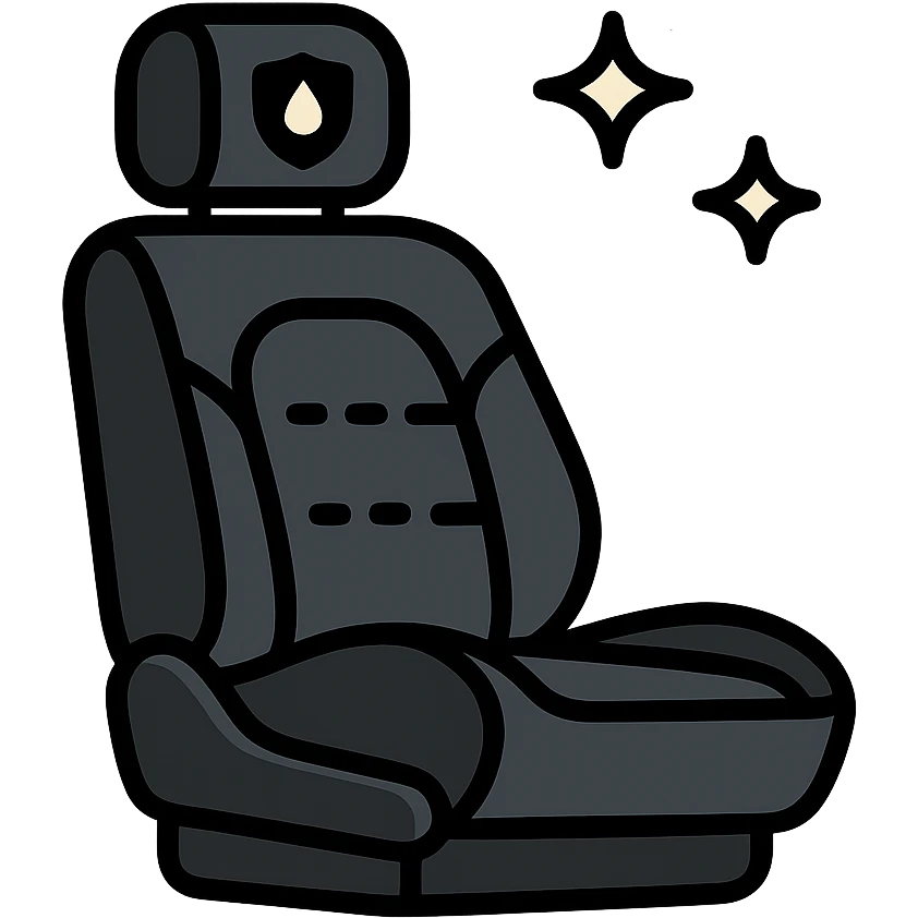 luxury car seat icon in matte black with a small droplet or shield on the headrest, elegant stitching, minimalist lines, extra shine and sparkling effects, modern and clean style, no text emoji