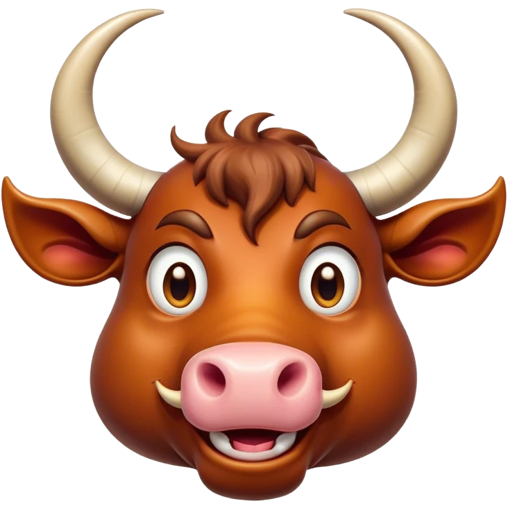 Cinematic Comical Domestic Ox Portrait Emoji, Head tilted dramatically with an exaggeratedly amused expression, featuring a striking, glossy hide with boldly curved horns and wide, expressive eyes brimming with playful disbelief, Simplified yet hilariously expressive features, highly detailed, glowing with a slightly sassy earthy glow, high shine, dramatic yet playful, stylized with an air of cheeky rural mischief, soft glowing outline, capturing the essence of a spirited and over-the-top ox that looks ready to charge its way into internet fame instantly! emoji