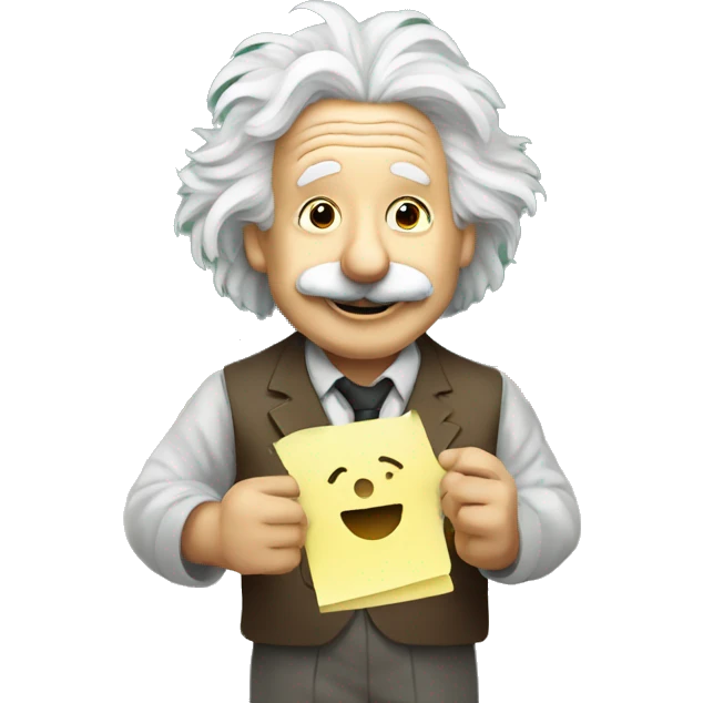 happy albert einstein holding Sticky Note with "New" Written on It in one hand emoji