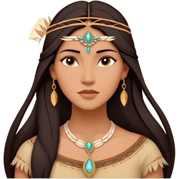 Cinematic Radiant Pocahontas Portrait Emoji, rendered in a vector-style with clean lines. Show Pocahontas with luminous, sun-kissed skin and flowing dark hair adorned with subtle natural ornaments, her expression calm and kind, dressed in simple traditional attire with earthy tones. The image glows softly with a warm, inviting radiance, enhanced by a soft glowing outline. emoji