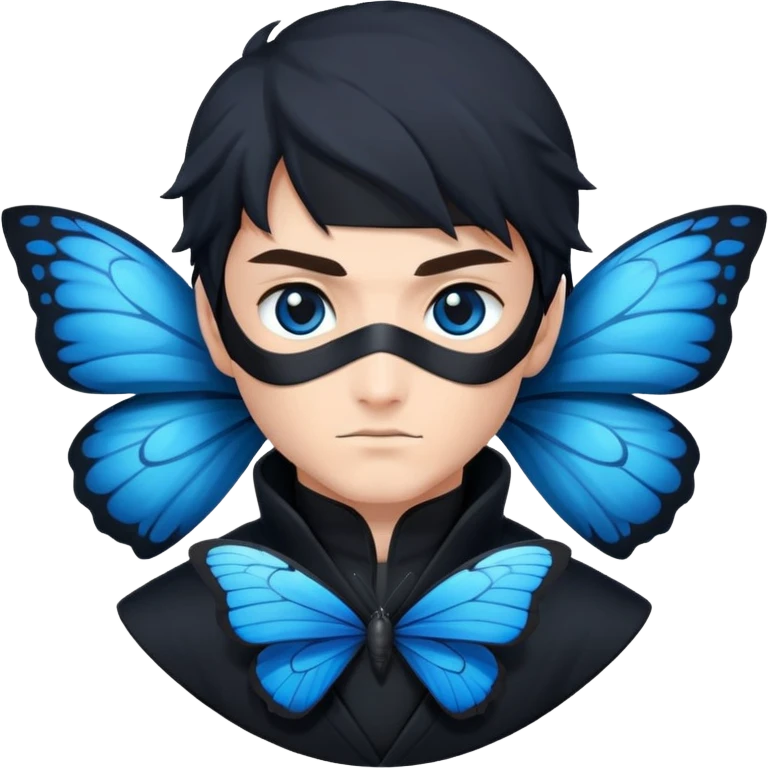 Emoji para usar en WhatsApp con estos dos emoji 🥷🏻 🦋.
Ninja vestido de negro con los ojos negros y con la piel blanca y una mariposa azul posada en su hombro izquierdo como si la mariposa estuviera volando en el hombro. emoji