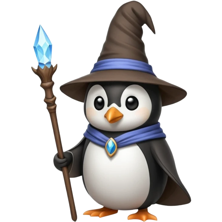 penguin wizard, magical, holding a staff, wearing a wizard hat emoji