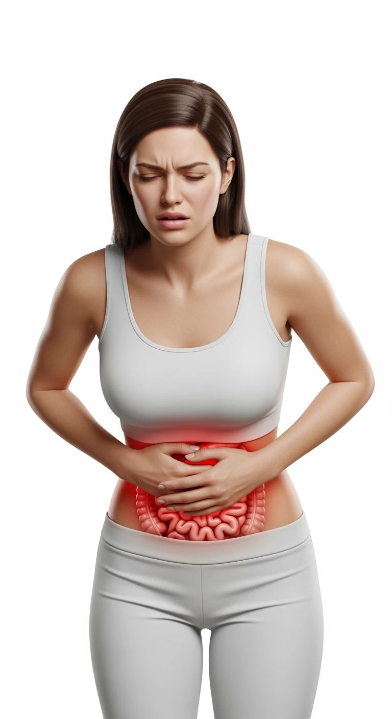 donna con intestino realistico e mal di pancia, iperrealistico 4k, isolata su sfondo bianco emoji