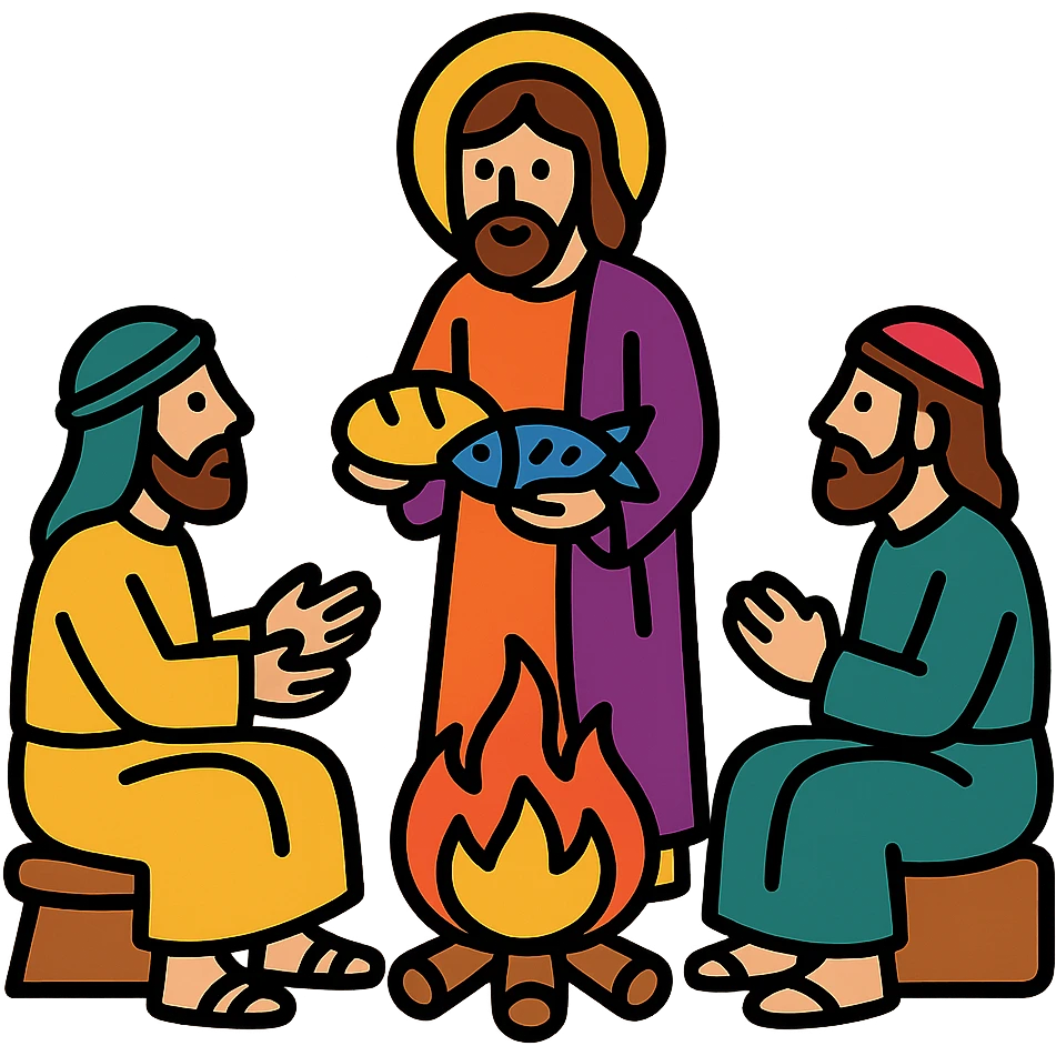 Jésus servant du pain et des poissons grillés à ses amis autour d’un feu, Jean 21, style icône moderne, couleurs lumineuses emoji